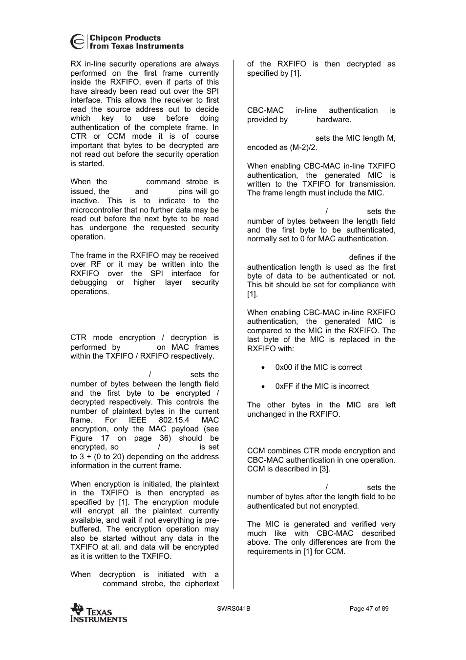 Ctr mode encryption / decryption, Cbc-mac, Cc2420 | Texas Instruments 3138 155 232931 User Manual | Page 47 / 90