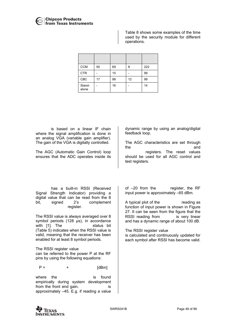 Timing, Linear if and agc settings, Rssi / energy detection | See the rssi section on, Cc2420 | Texas Instruments 3138 155 232931 User Manual | Page 48 / 90