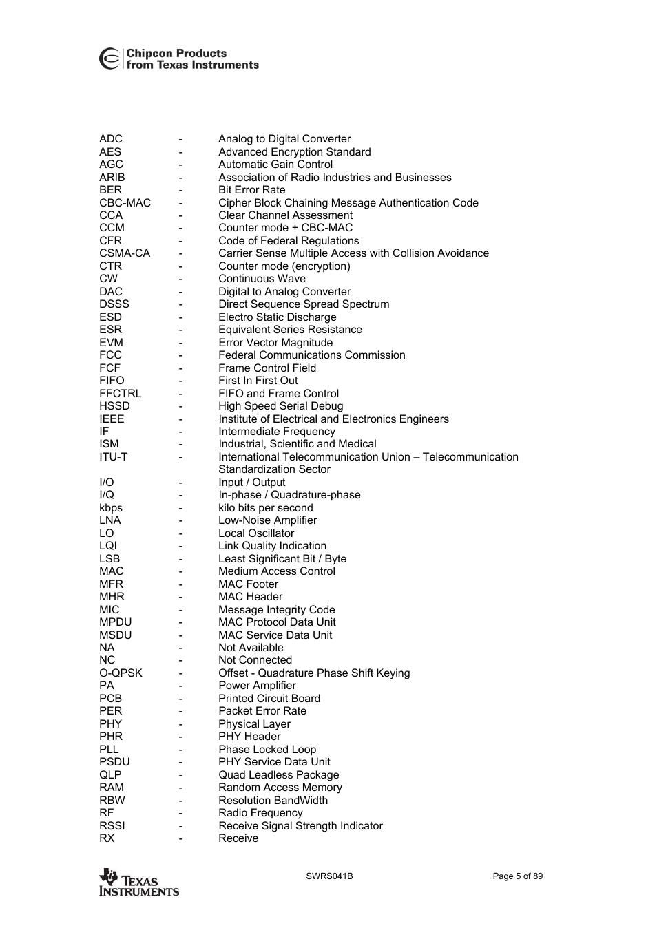 Abbreviations, Cc2420 | Texas Instruments 3138 155 232931 User Manual | Page 5 / 90