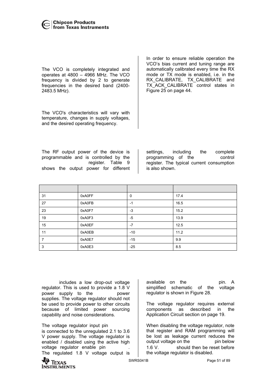 Vco and pll self-calibration, Pll self-calibration, Output power programming | Voltage regulator, Cc2420 | Texas Instruments 3138 155 232931 User Manual | Page 51 / 90