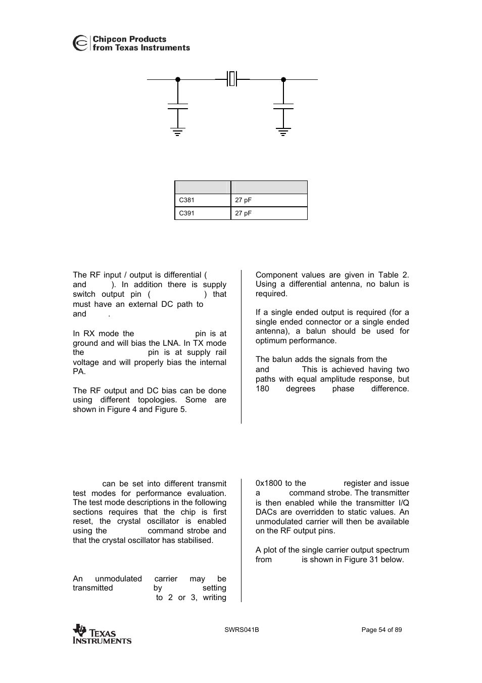 Input / output matching, Transmitter test modes, Unmodulated carrier | Figure 30. typical component values for, Are given in table, Cc2420 | Texas Instruments 3138 155 232931 User Manual | Page 54 / 90