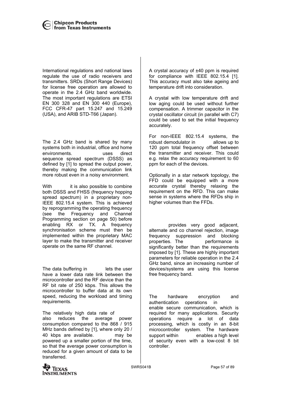 System considerations and guidelines, Frequency hopping and multi-channel systems, Data burst transmissions | Crystal accuracy and drift, Communication robustness, Communication security, Cc2420 | Texas Instruments 3138 155 232931 User Manual | Page 57 / 90