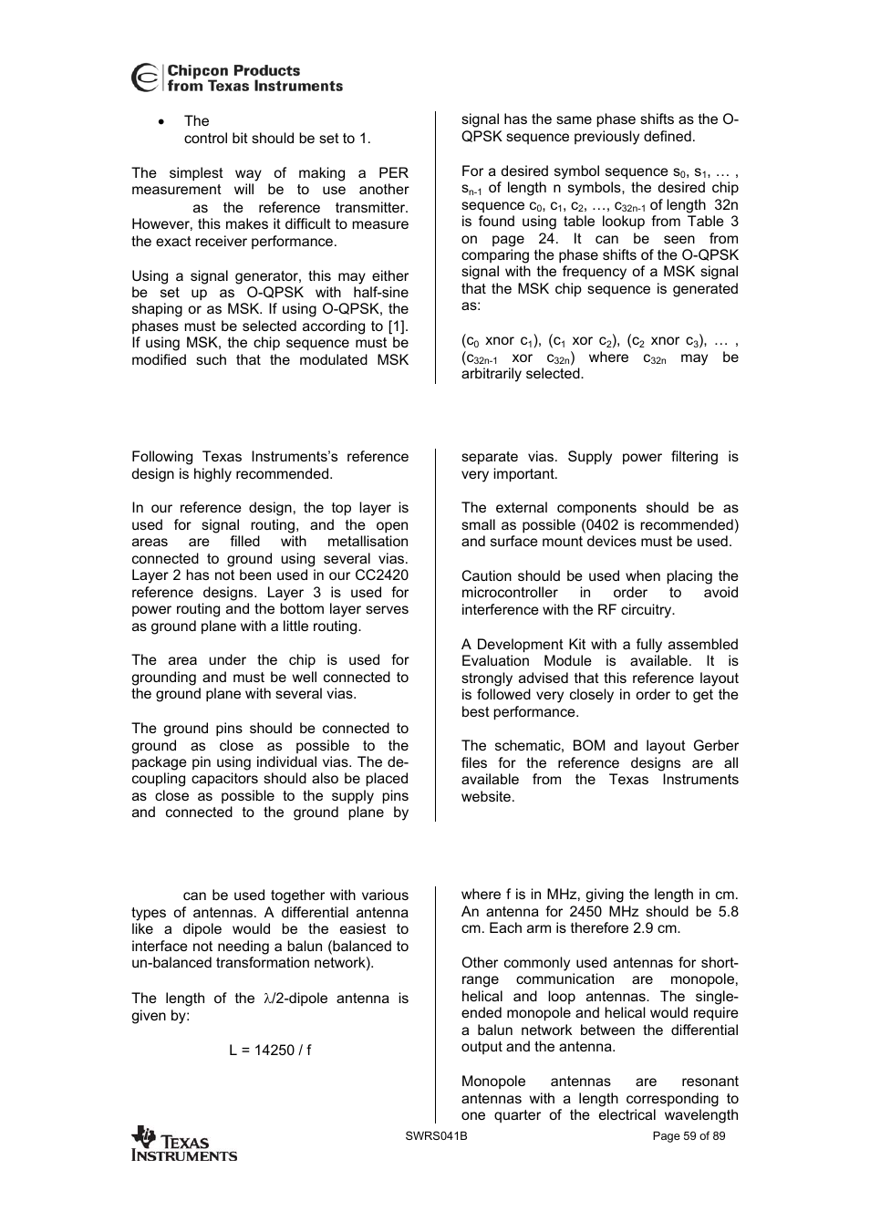Pcb layout recommendations, Antenna considerations, Cc2420 | 35 pcb layout recommendations, 36 antenna considerations | Texas Instruments 3138 155 232931 User Manual | Page 59 / 90