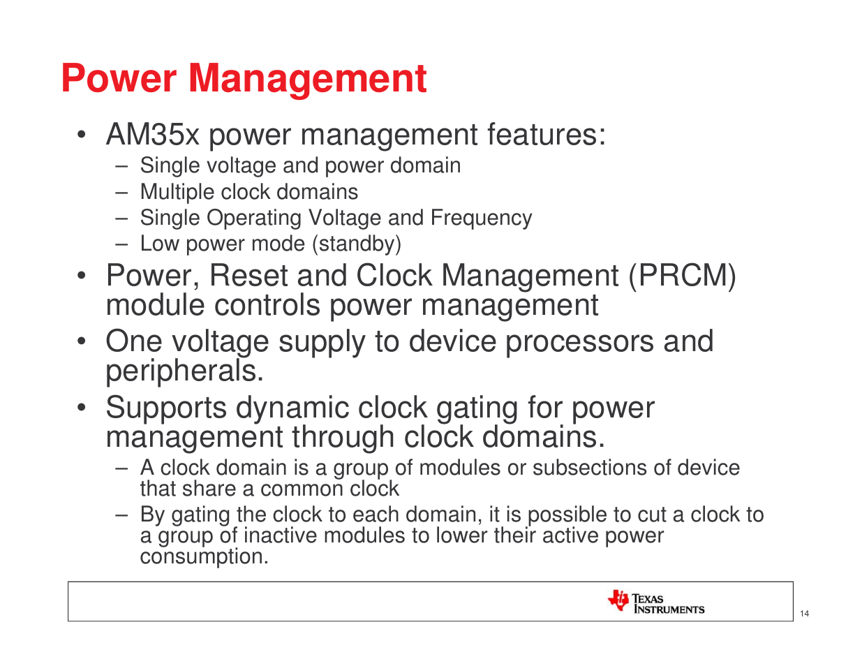 Power management, Am35x power management features | Texas Instruments MICROPROCESSOR TI SITARA User Manual | Page 14 / 43