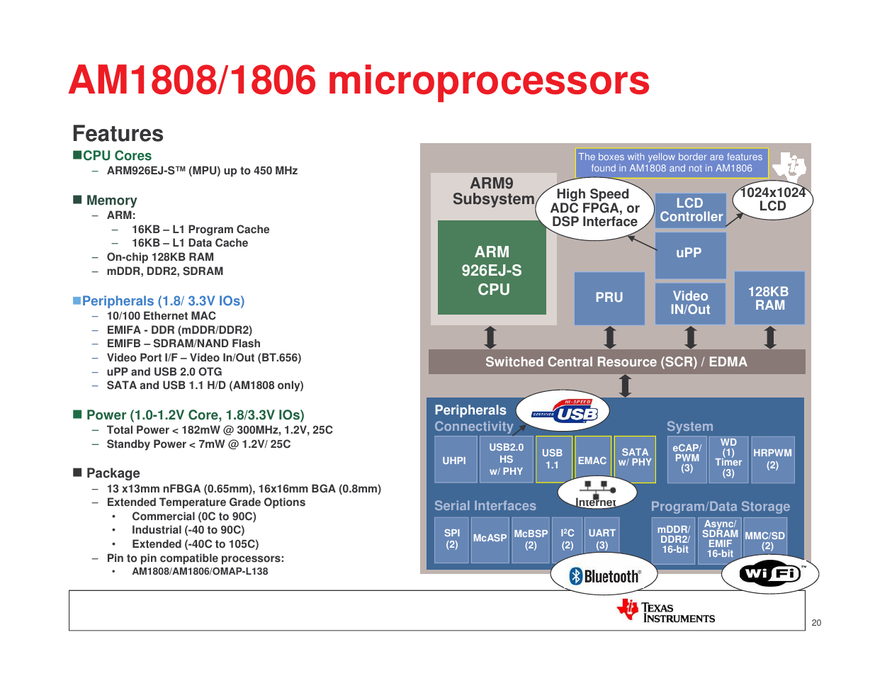 Features, Arm9 subsystem, Arm 926ej-s cpu | Texas Instruments MICROPROCESSOR TI SITARA User Manual | Page 20 / 43