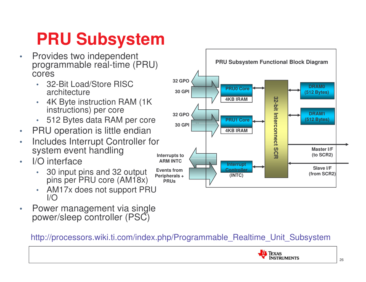 Pru subsystem, Provides two independent, Pru operation is little endian | I/o interface, Bit load/store risc architecture, 4k byte instruction ram (1k instructions) per core, 512 bytes data ram per core | Texas Instruments MICROPROCESSOR TI SITARA User Manual | Page 26 / 43