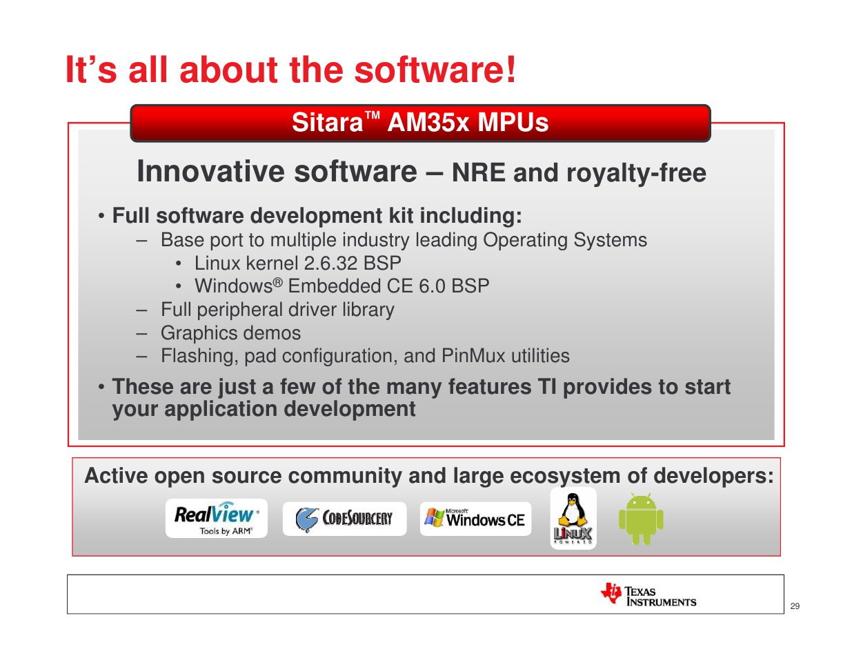 It’s all about the software, Innovative software, Sitara | Am35x mpus, Nre and royalty-free | Texas Instruments MICROPROCESSOR TI SITARA User Manual | Page 29 / 43