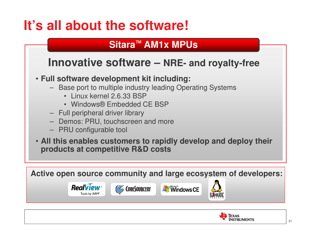 It’s all about the software, Innovative software, Sitara | Am1x mpus, Nre- and royalty-free | Texas Instruments MICROPROCESSOR TI SITARA User Manual | Page 31 / 43