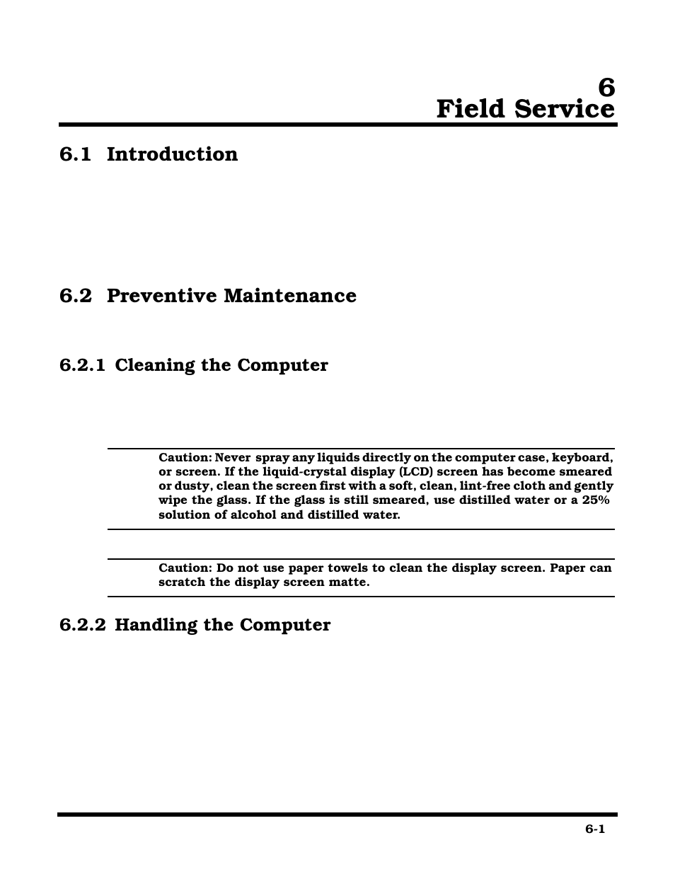 Field service, Section 6 field service, Introduction | Preventive maintenance, Cleaning the computer, Handling the computer, 6field service, 1 introduction, 2 preventive maintenance | Texas Instruments 660 User Manual | Page 95 / 147