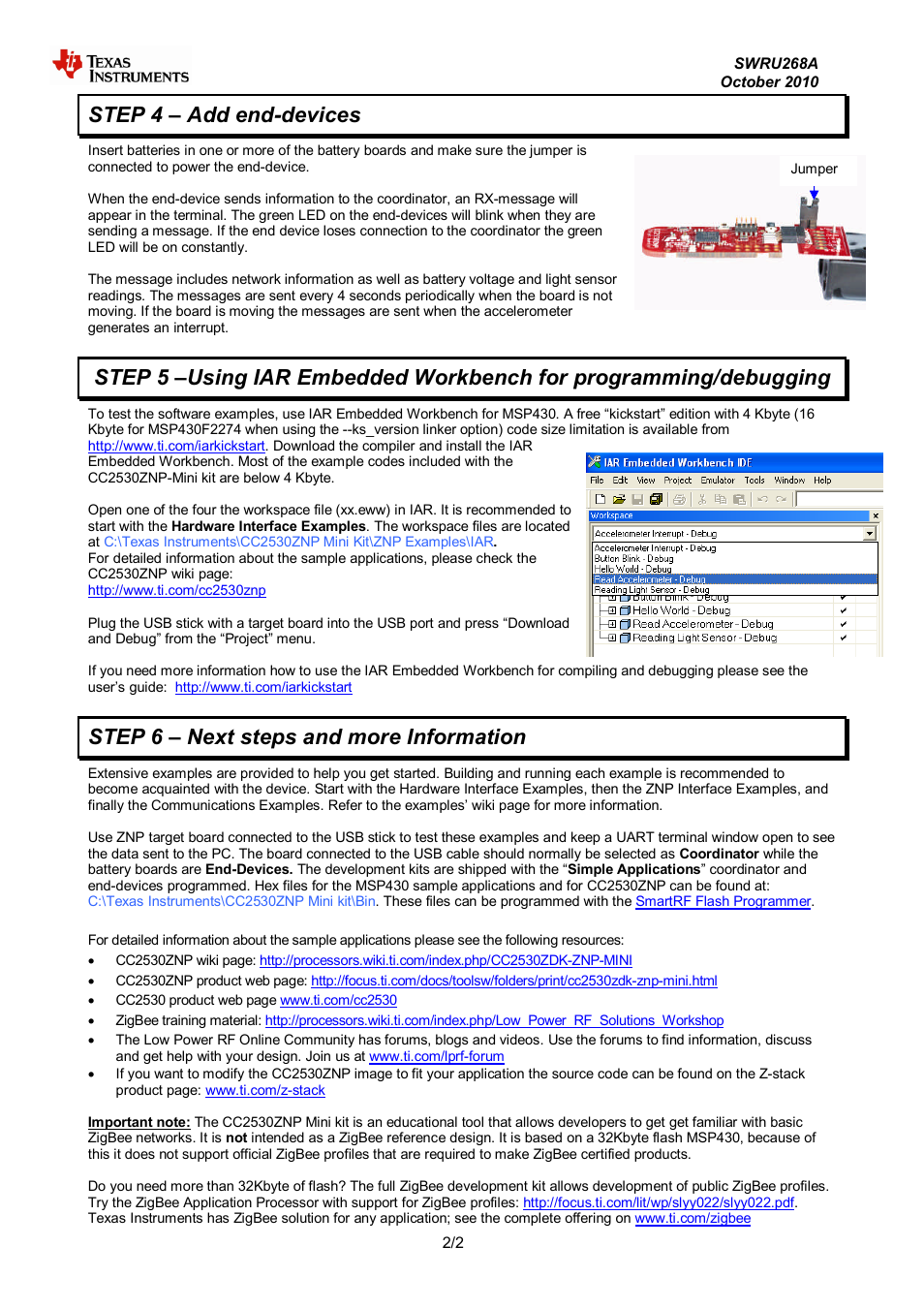 Step 4 – add end-devices, Step 6 – next steps and more information | Texas Instruments CC2530ZNP User Manual | Page 2 / 3