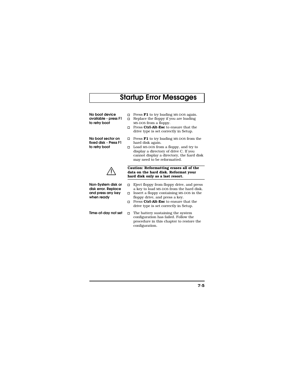 Startup error messages | Texas Instruments TM5000 Series User Manual | Page 105 / 117