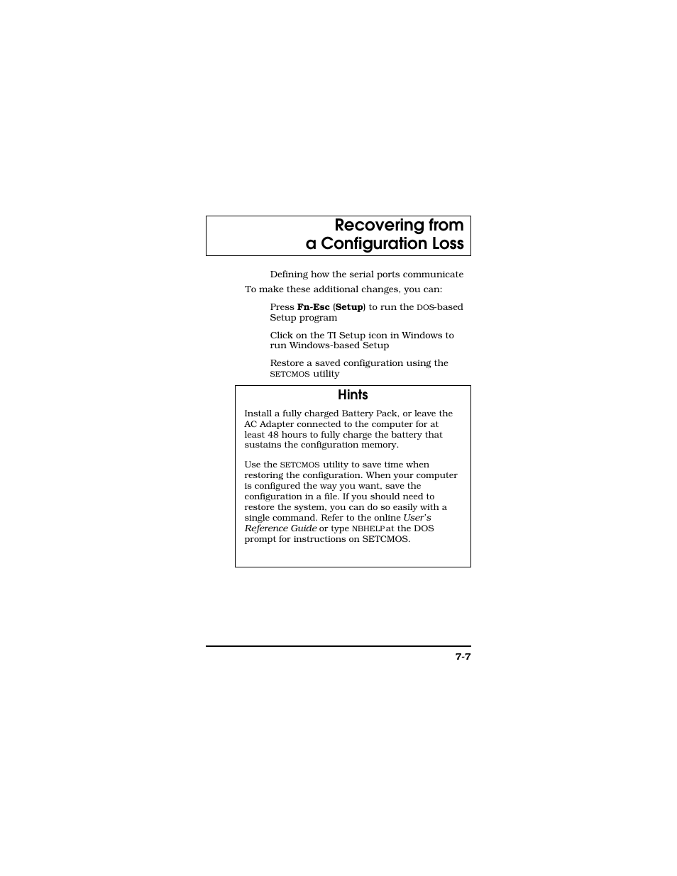 Recovering from a configuration loss, Hints | Texas Instruments TM5000 Series User Manual | Page 107 / 117