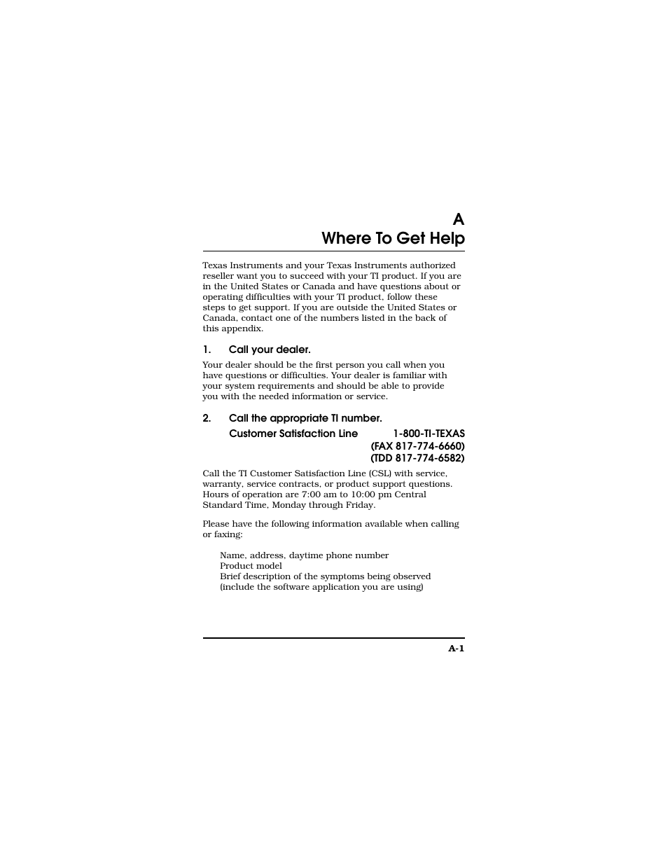 Where to get help, Appendix a where to get help, Awhere to get help | Texas Instruments TM5000 Series User Manual | Page 108 / 117