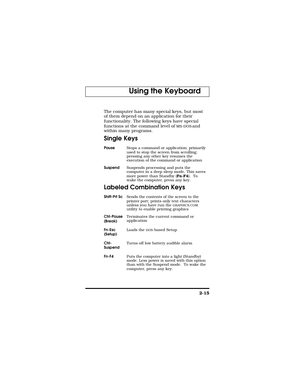 Using the keyboard, Single keys, Labeled combination keys | Texas Instruments TM5000 Series User Manual | Page 39 / 117