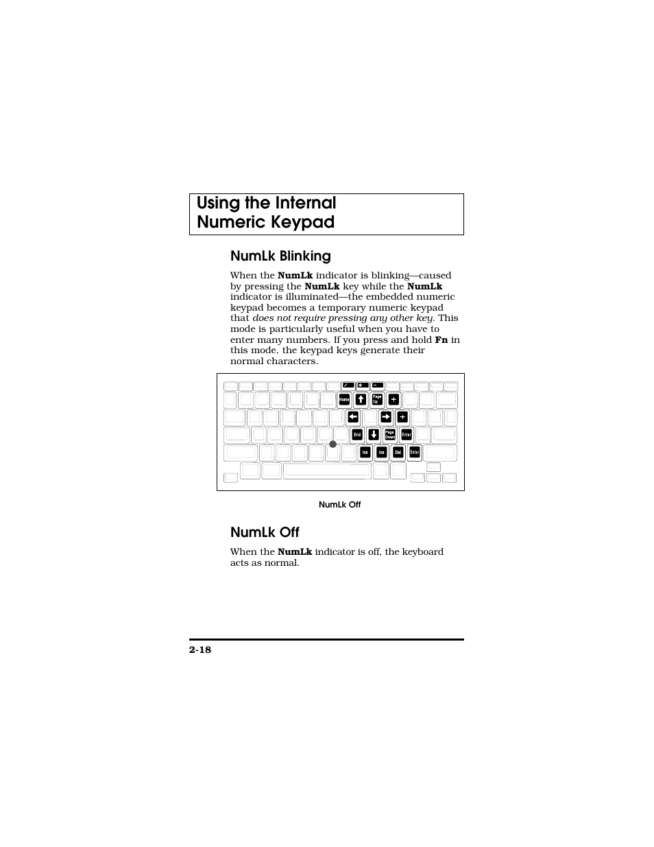 Numlk blinking, Numlk off, Using the internal numeric keypad | Texas Instruments TM5000 Series User Manual | Page 42 / 117