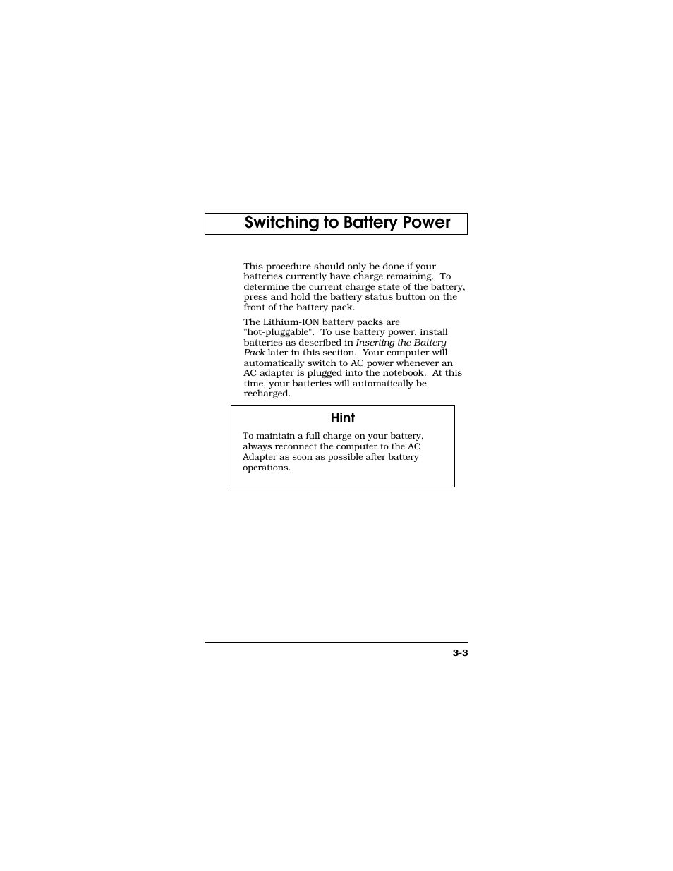 Switching to battery power, Hint | Texas Instruments TM5000 Series User Manual | Page 51 / 117