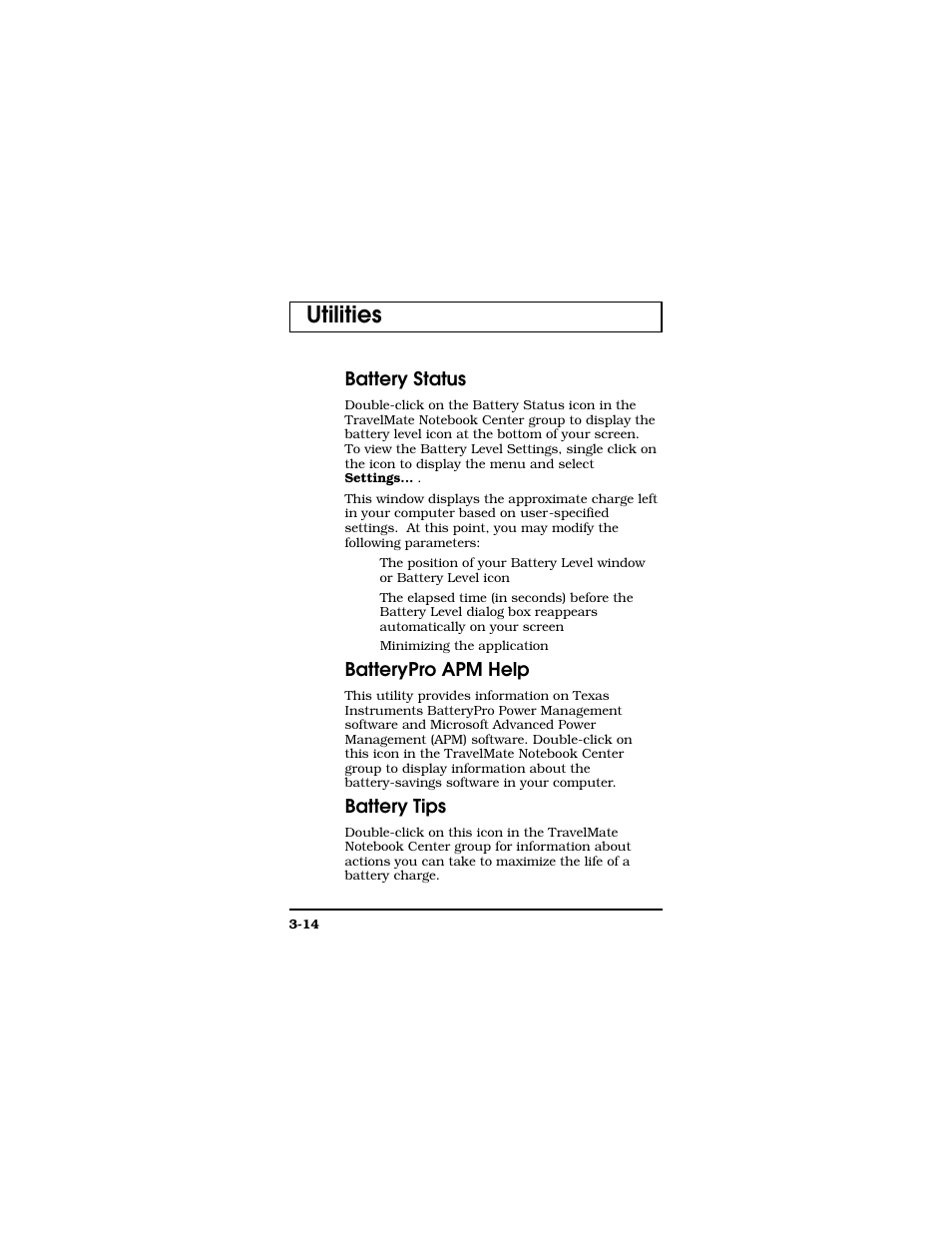 Utilities, Battery status, Batterypro apm help | Battery tips | Texas Instruments TM5000 Series User Manual | Page 62 / 117