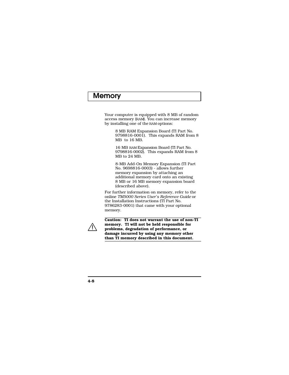 Memory | Texas Instruments TM5000 Series User Manual | Page 72 / 117