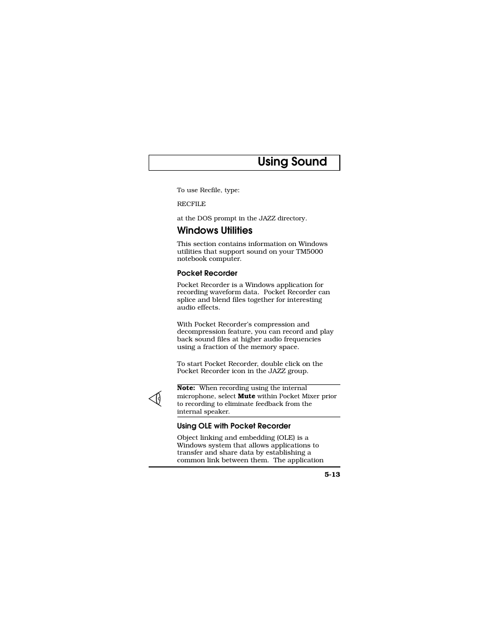 Windows utilities, Pocket recorder, Using ole with pocket recorder | Using sound | Texas Instruments TM5000 Series User Manual | Page 90 / 117