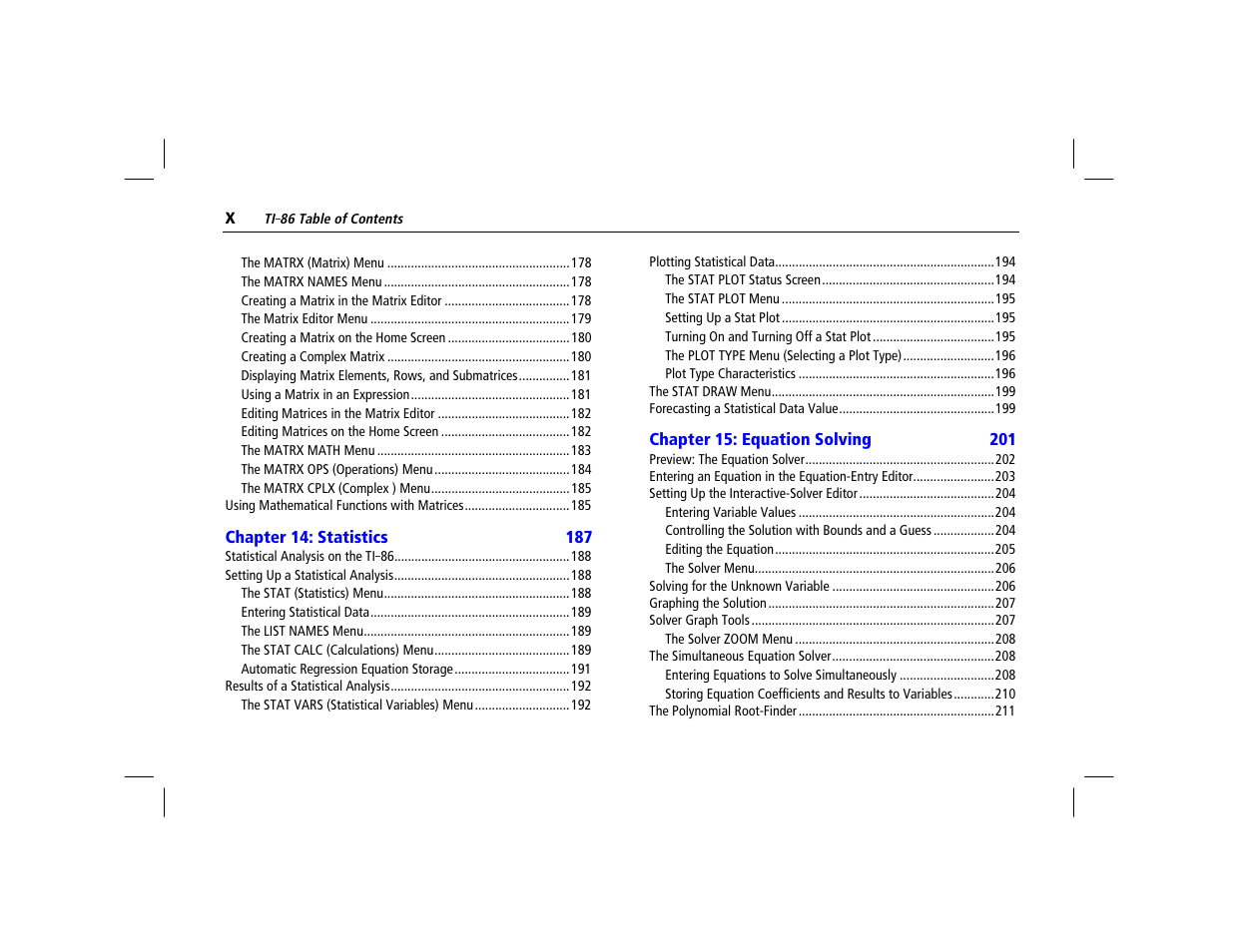 Chapter 14: statistics, Chapter 15: equation solving | Texas Instruments TI-86 User Manual | Page 10 / 431