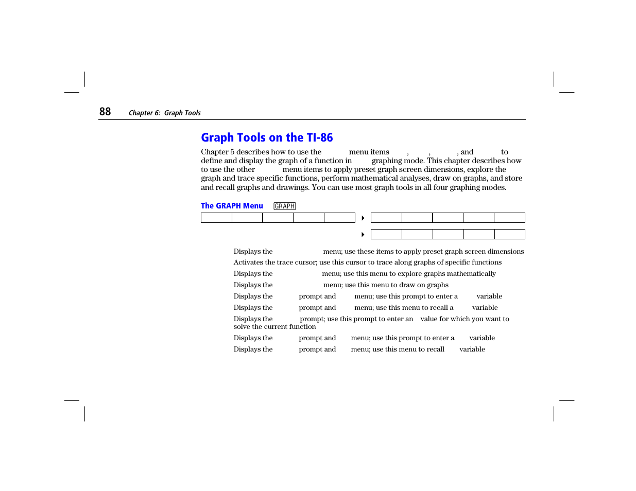 Graph tools on the ti-86, The graph menu | Texas Instruments TI-86 User Manual | Page 100 / 431