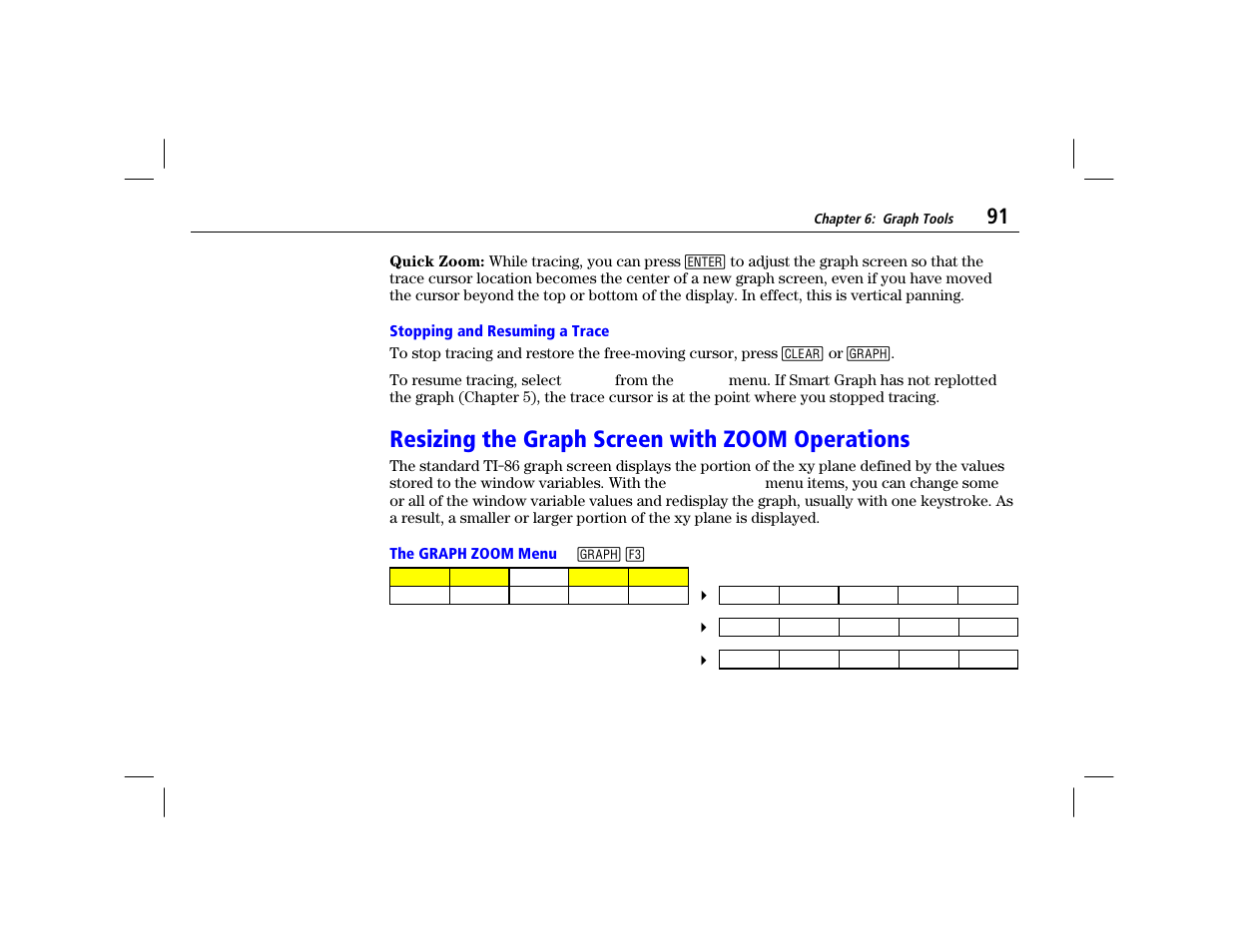 Stopping and resuming a trace, Resizing the graph screen with zoom operations, The graph zoom menu | Texas Instruments TI-86 User Manual | Page 103 / 431