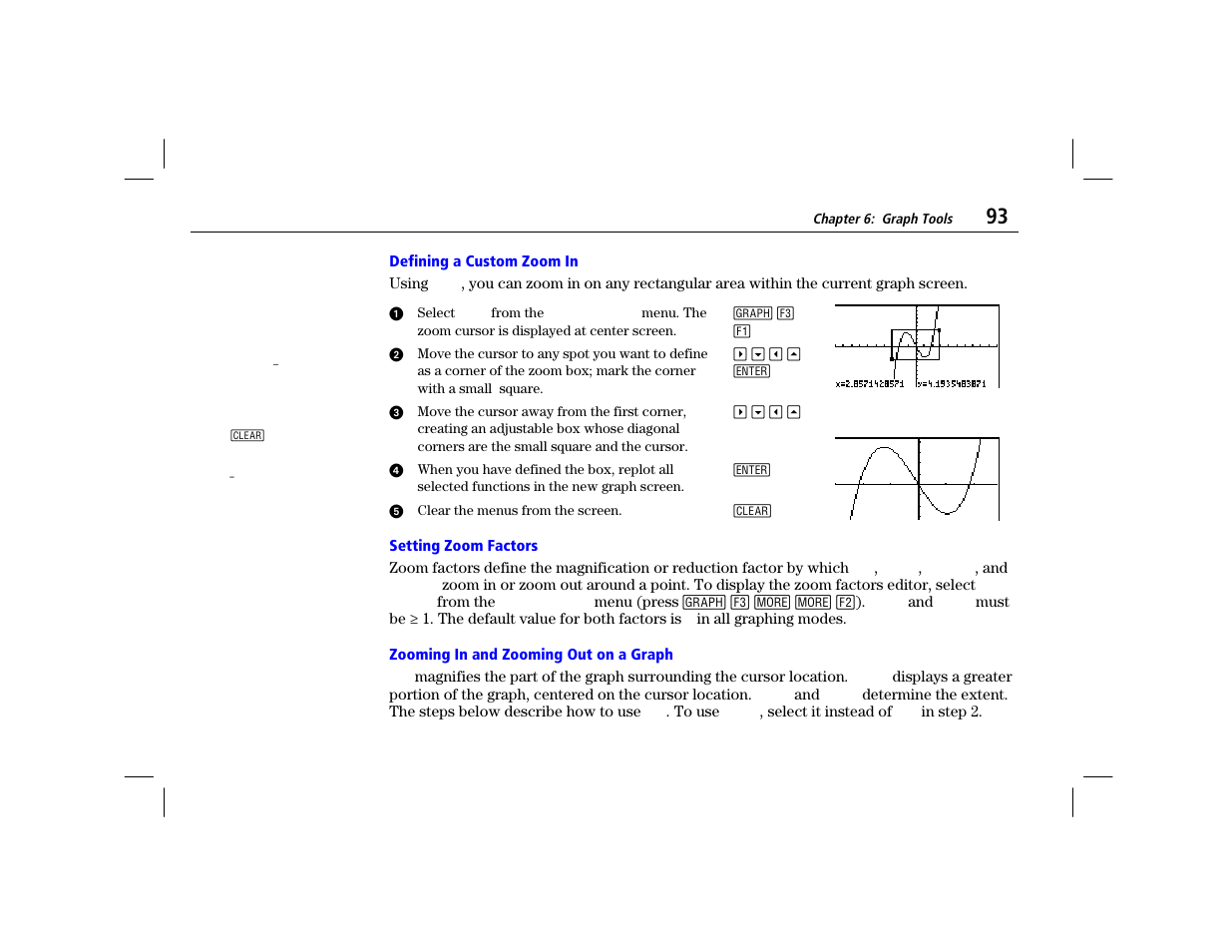 Defining a custom zoom in, Setting zoom factors, Zooming in and zooming out on a graph | Texas Instruments TI-86 User Manual | Page 105 / 431