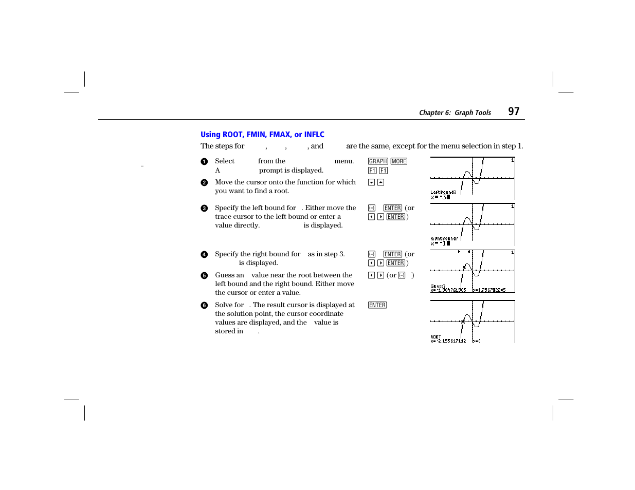 Using root, fmin, fmax, or inflc | Texas Instruments TI-86 User Manual | Page 109 / 431