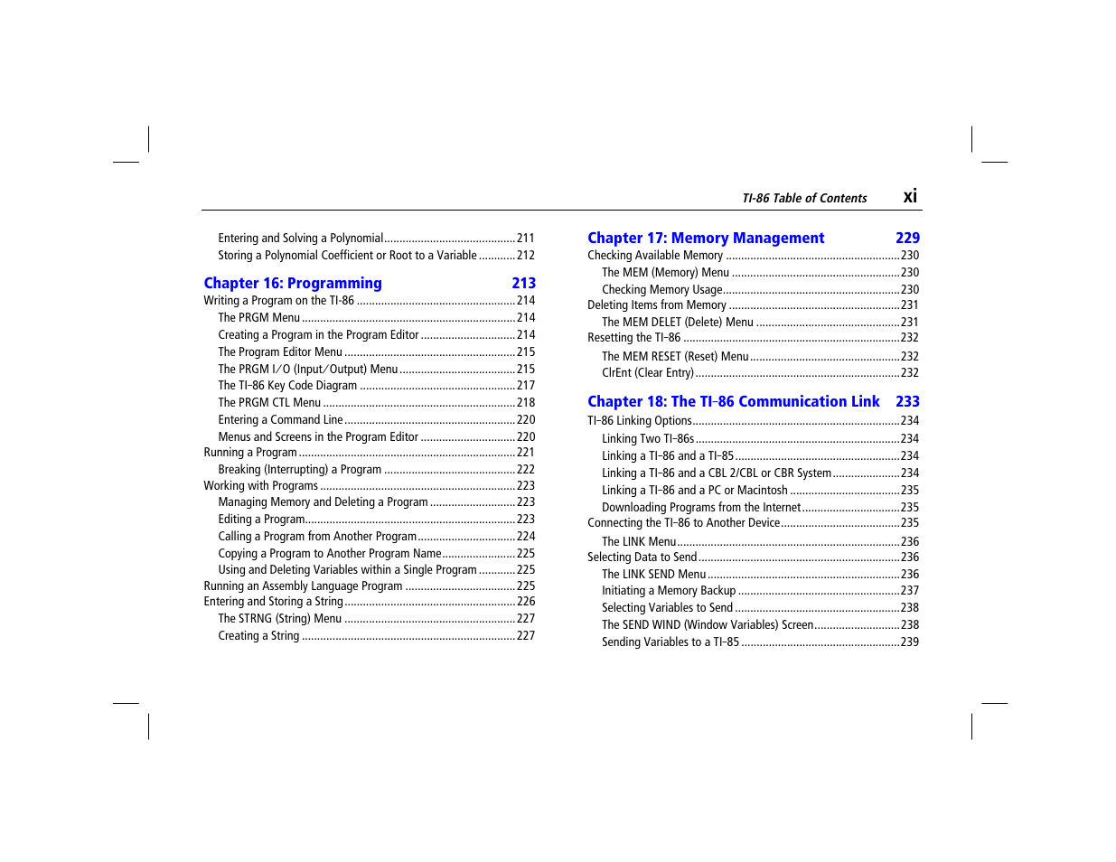 Chapter 16: programming, Chapter 17: memory management, Chapter 18: the ti-86 communication link | Texas Instruments TI-86 User Manual | Page 11 / 431