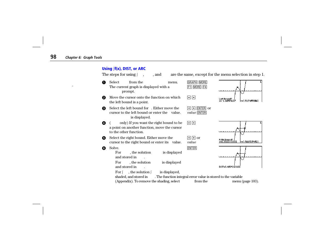 Using integral f(x), dist, or arc | Texas Instruments TI-86 User Manual | Page 110 / 431