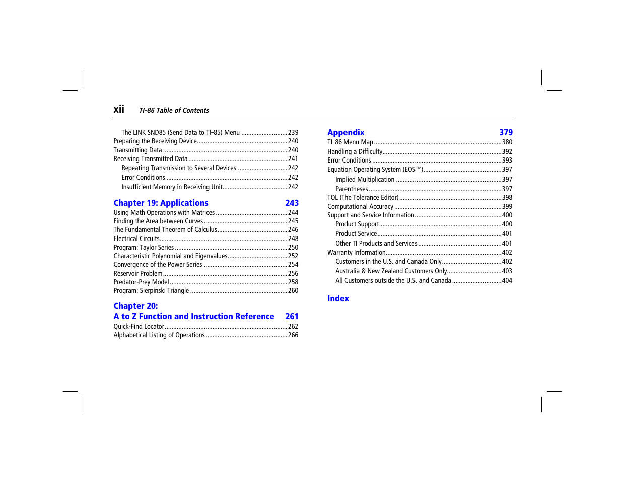 Chapter 19: applications, Appendix, Index | Texas Instruments TI-86 User Manual | Page 12 / 431