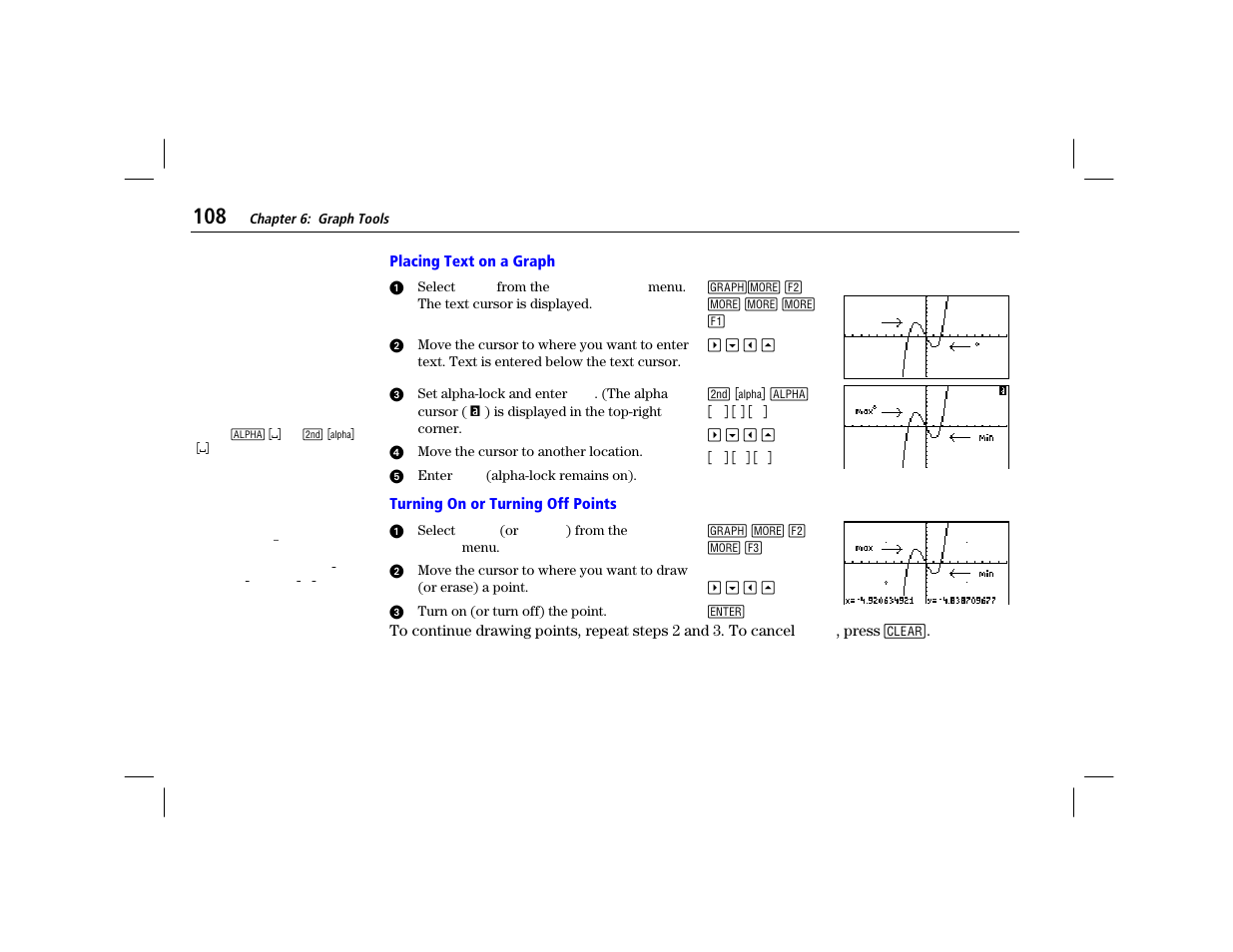 Placing text on a graph, Turning on or turning off points | Texas Instruments TI-86 User Manual | Page 120 / 431
