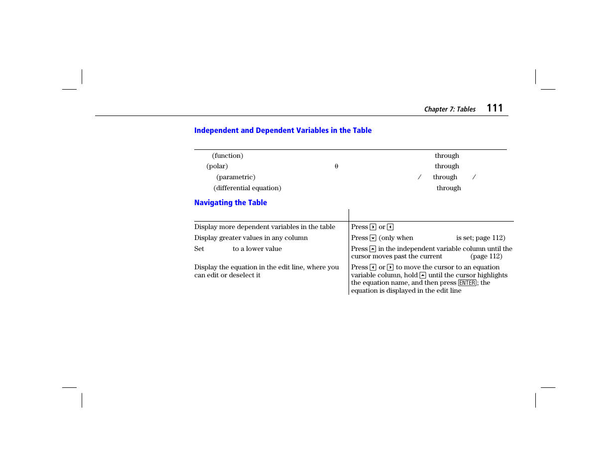 Independent and dependent variables in the table, Navigating the table | Texas Instruments TI-86 User Manual | Page 123 / 431