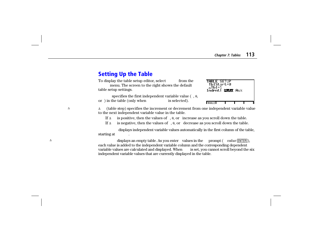 Setting up the table | Texas Instruments TI-86 User Manual | Page 125 / 431