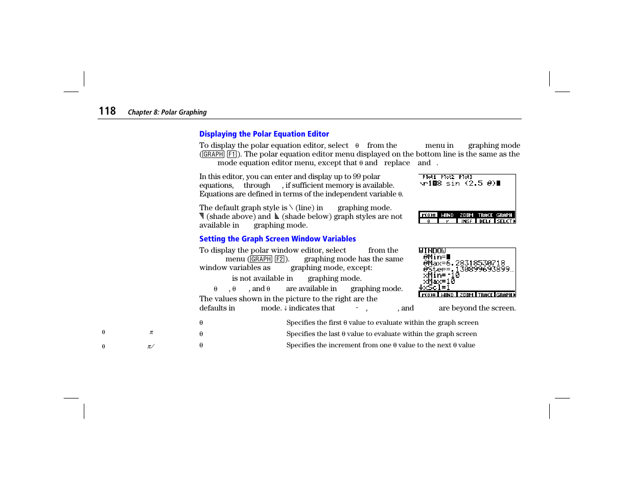 Displaying the polar equation editor, Setting the graph screen window variables | Texas Instruments TI-86 User Manual | Page 130 / 431