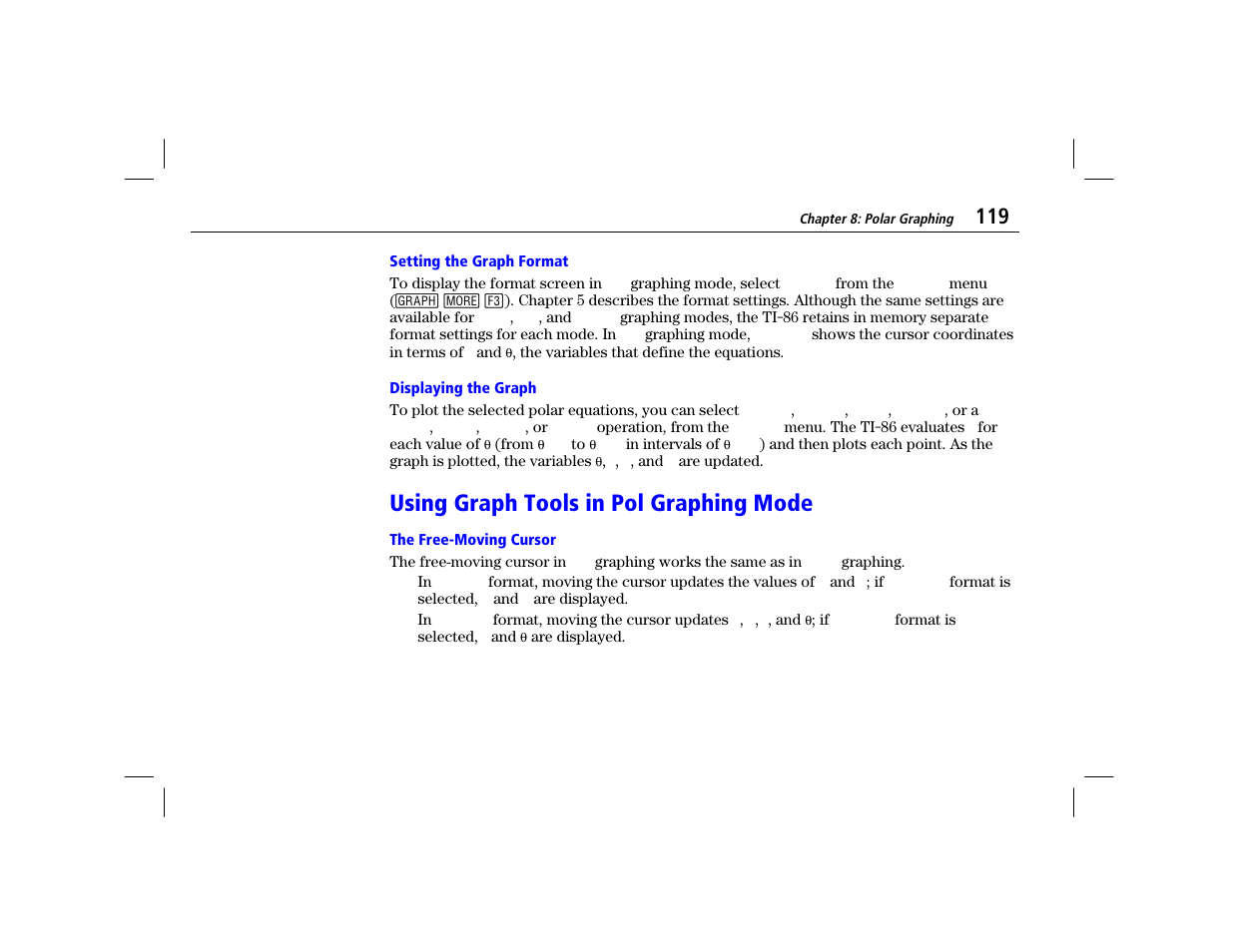 Setting the graph format, Displaying the graph, Using graph tools in pol graphing mode | The free-moving cursor | Texas Instruments TI-86 User Manual | Page 131 / 431
