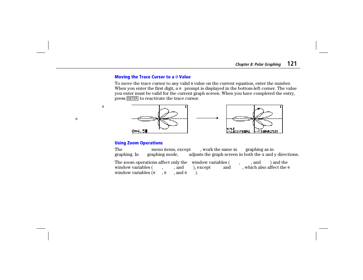 Moving the trace cursor to a theta value, Using zoom operations | Texas Instruments TI-86 User Manual | Page 133 / 431