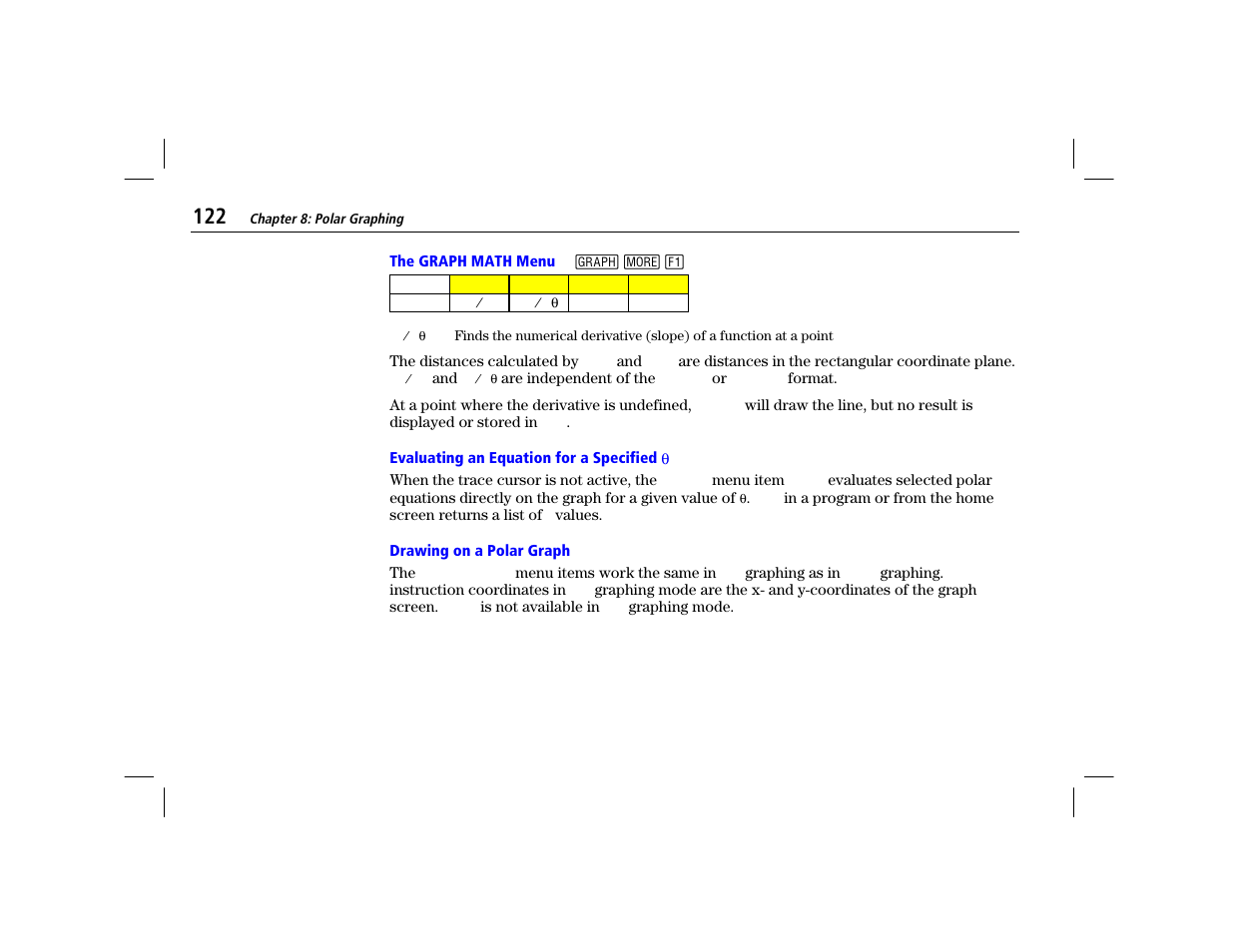 The graph math menu, Evaluating an equation for a specified theta, Drawing on a polar graph | Texas Instruments TI-86 User Manual | Page 134 / 431