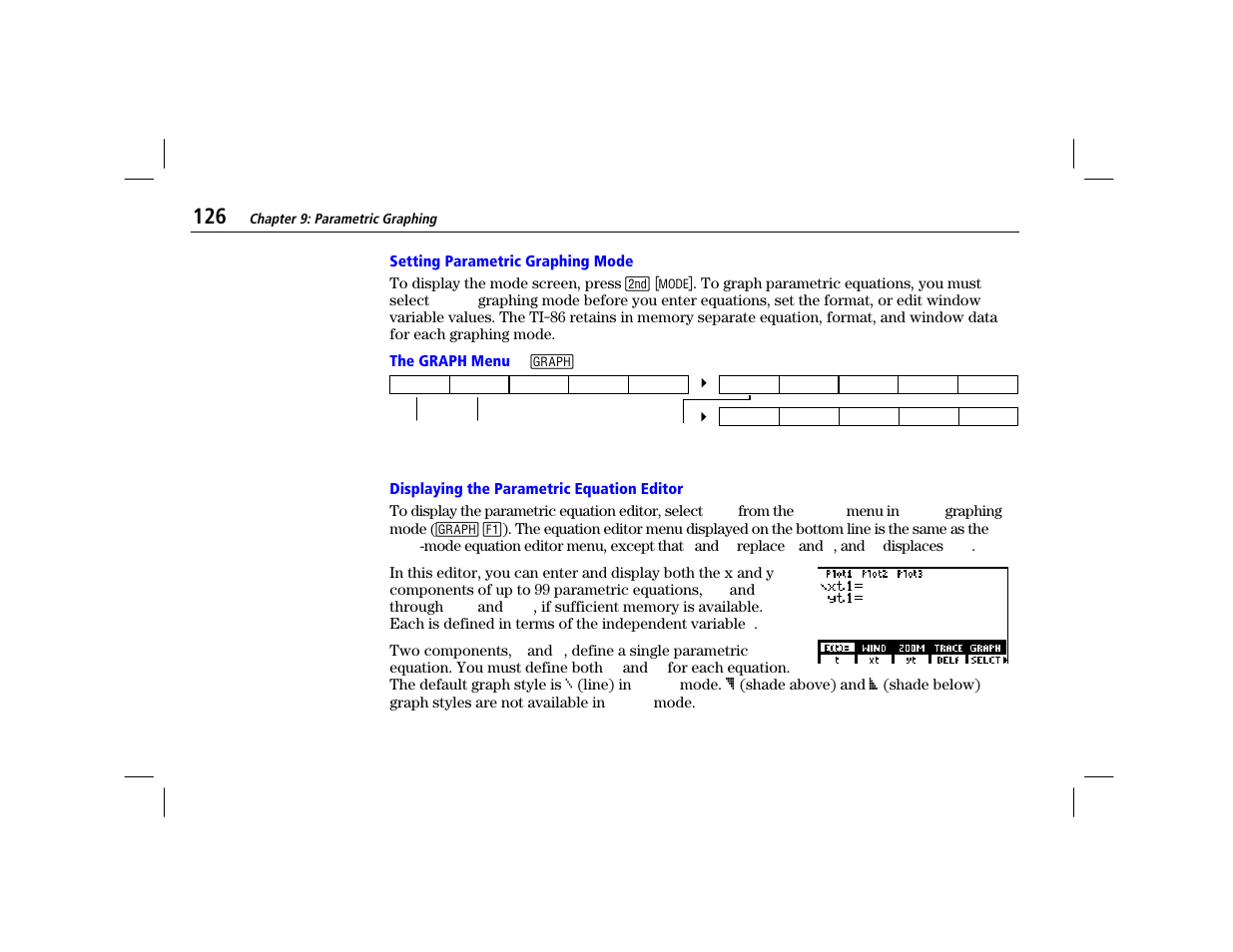 Setting parametric graphing mode, The graph menu, Displaying the parametric equation editor | Texas Instruments TI-86 User Manual | Page 138 / 431