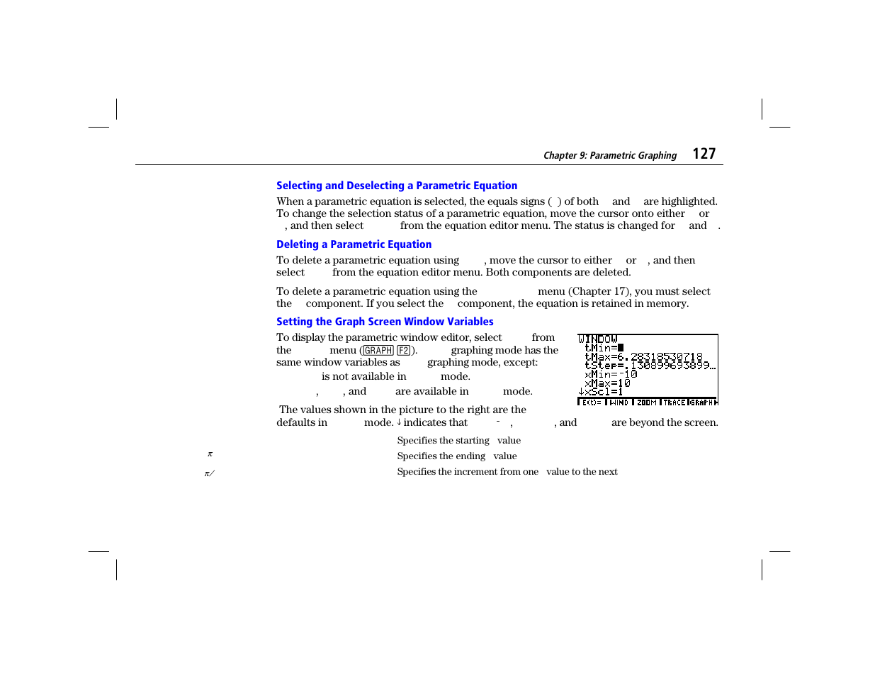 Selecting and deselecting a parametric equation, Deleting a parametric equation, Setting the graph screen window variables | Texas Instruments TI-86 User Manual | Page 139 / 431