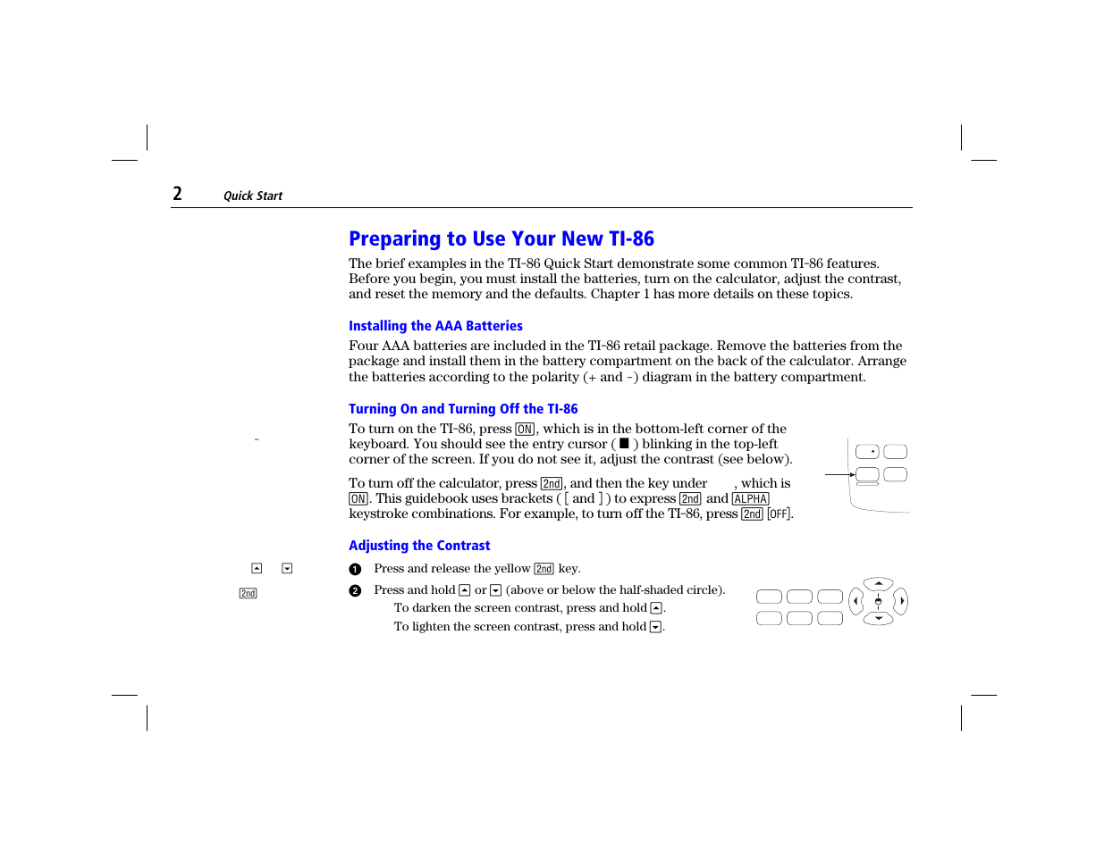 Preparing to use your new ti-86, Installing the aaa batteries, Turning on and turning off the ti-86 | Adjusting the contrast | Texas Instruments TI-86 User Manual | Page 14 / 431