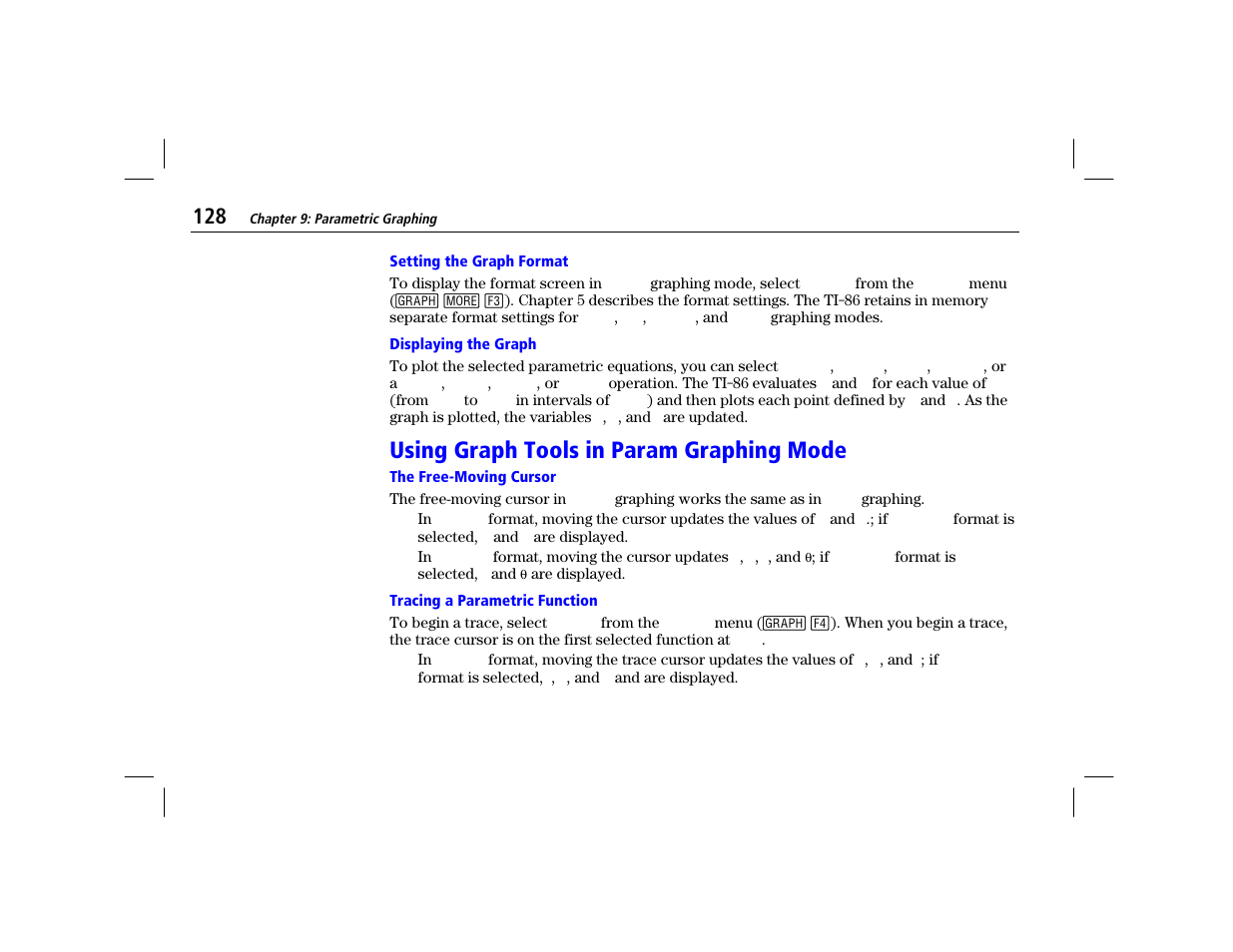 Setting the graph format, Displaying the graph, Using graph tools in param graphing mode | The free-moving cursor, Tracing a parametric function | Texas Instruments TI-86 User Manual | Page 140 / 431