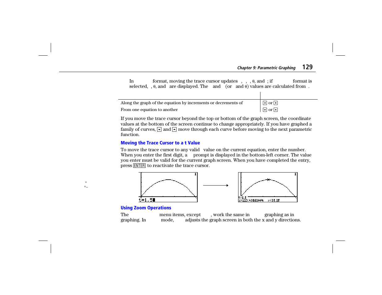 Moving the trace cursor to a t value, Using zoom operations | Texas Instruments TI-86 User Manual | Page 141 / 431