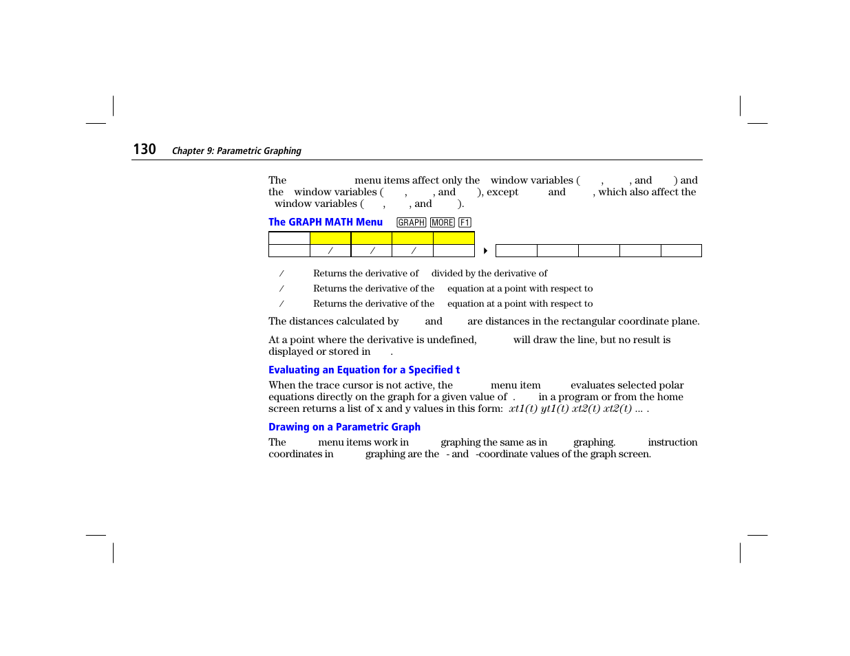 The graph math menu, Evaluating an equation for a specified t, Drawing on a parametric graph | Texas Instruments TI-86 User Manual | Page 142 / 431