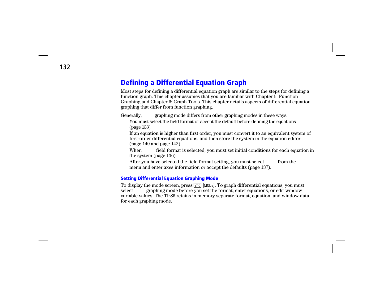 Defining a differential equation graph, Setting differential equation graphing mode | Texas Instruments TI-86 User Manual | Page 144 / 431