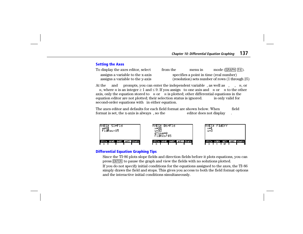 Setting the axes, Differential equation graphing tips | Texas Instruments TI-86 User Manual | Page 149 / 431