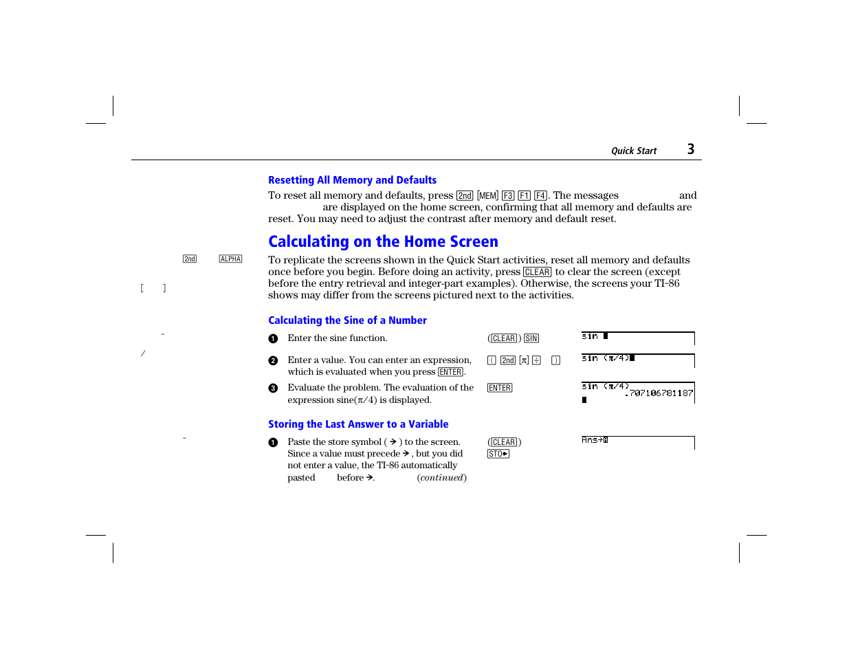 Resetting all memory and defaults, Calculating on the home screen, Calculating the sine of a number | Storing the last answer to a variable | Texas Instruments TI-86 User Manual | Page 15 / 431