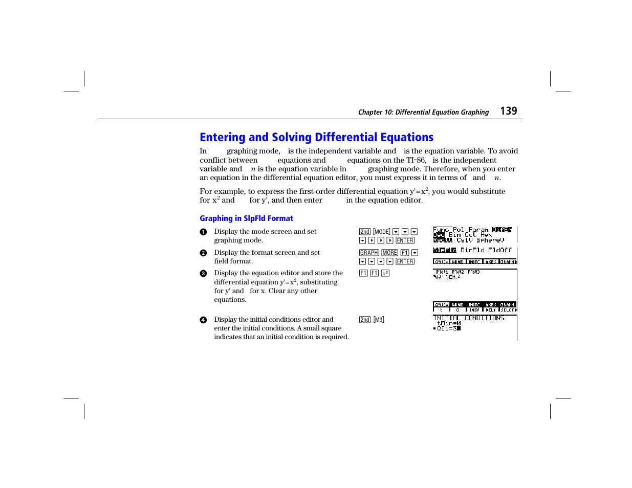 Entering and solving differential equations, Graphing in slpfld format | Texas Instruments TI-86 User Manual | Page 151 / 431