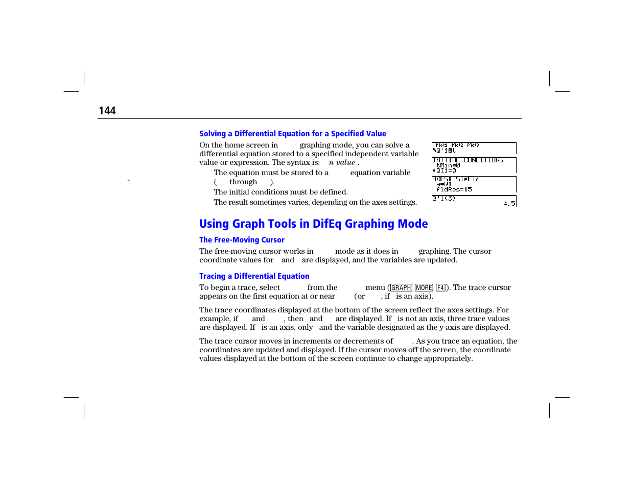 Using graph tools in difeq graphing mode, The free-moving cursor, Tracing a differential equation | Texas Instruments TI-86 User Manual | Page 156 / 431