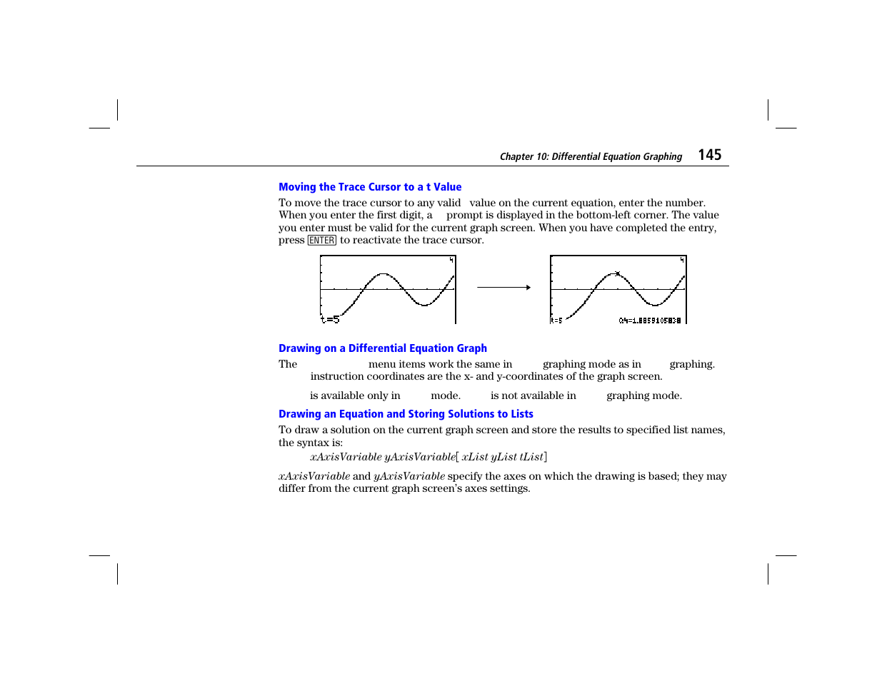 Moving the trace cursor to a t value, Drawing on a differential equation graph, Drawing an equation and storing solutions to lists | Texas Instruments TI-86 User Manual | Page 157 / 431